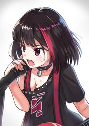  bang_dream! black_collar black_hair black_shirt blush bob_cut breasts cleavage collar collarbone commentary_request electric_guitar female fingernails gradient_background grey_background guitar hand_up highres holding holding_microphone instrument lock medium_breasts microphone microphone_stand mitake_ran multicolored_hair open_mouth padlock padlocked_collar partial_commentary print_shirt purple_eyes red_hair revision shirt shirt_straps short_hair short_sleeves solo streaked_hair studded sweat tsukiman upper_body v-shaped_eyebrows white_background 