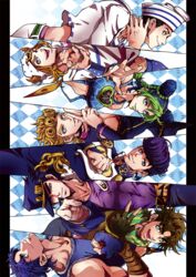  6+boys bad_id bad_pixiv_id battle_tendency blonde_hair blue_hair brown_hair chains diamond_wa_kudakenai dixie_cup_hat family female gakuran giorno_giovanna green_hair hat higashikata_josuke higashikata_josuke_(jojolion) johnny_joestar jojo_no_kimyou_na_bouken jojolion jonathan_joestar joseph_joestar joseph_joestar_(young) kujo_jolyne kujo_jotaro matcha_cream_v military_hat multiple_boys phantom_blood pompadour scarf school_uniform stardust_crusaders steel_ball_run stone_ocean vento_aureo 