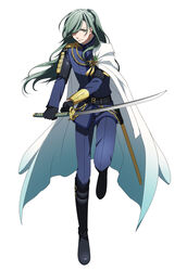  1boy black_gloves cape commentary_request gloves green_eyes green_hair hair_over_one_eye highres male_focus matsuki_(mikipingpong) nikkari_aoe ponytail smile solo sword touken_ranbu wakizashi weapon 