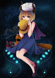  baseball_bat blonde_hair blue_eyes commentary_request covering_own_mouth doll dress essigkucken female flower full_body hat holding holding_clothes holding_hat horns looking_at_viewer object_on_head photoshop_(medium) scarf short_hair solo unworn_hat unworn_headwear usotsuki yume_nisshi 