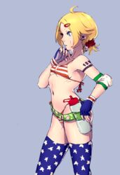  american_flag american_flag_bikini american_flag_legwear american_flag_print bad_id bad_pixiv_id belt bikini black_gloves blonde_hair blue_background blue_eyes bottle breasts commentary_request elbow_pads female fingerless_gloves flag_print from_side gbmah gloves hair_ornament hair_scrunchie navel nonohara_hime patriotism print_bikini print_thighhighs scrunchie short_hair simple_background small_breasts solo star_(symbol) star_print striped_bikini striped_clothes sweat swimsuit thighhighs tokyo_7th_sisters 