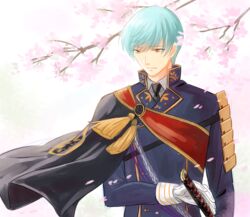  1boy aqua_hair armor cape cherry_blossoms commentary_request gloves ichigo_hitofuri japanese_armor katana male_focus necktie rainsp short_hair shoulder_armor smile sode solo sword touken_ranbu upper_body weapon white_gloves yellow_eyes 