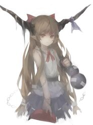  bad_id bad_pixiv_id brown_eyes brown_hair chains commentary_request female gourd gyup hair_ribbon horn_ornament horn_ribbon horns ibuki_suika long_hair pointy_ears ribbon shirt simple_background skirt sleeveless solo touhou white_background 