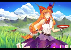  belt bird blue_sky blush bottle bow chains cloud commentary cuffs cup day euphori_cat female gourd grass grin hairbow highres holding holding_bottle horn_ornament horn_ribbon horns ibuki_suika letterboxed long_hair mountain one_eye_closed orange_eyes orange_hair outdoors ribbon sakazuki shackles sky sleeveless smile solo touhou 