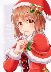  :d brown_eyes brown_hair capelet character_name chii_(sbshop) commentary_request female finger_to_mouth fur-trimmed_capelet fur-trimmed_headwear fur-trimmed_sleeves fur_trim hagiwara_yukiho hair_between_eyes happy_birthday hat highres idolmaster idolmaster_(classic) index_finger_raised long_sleeves looking_at_viewer open_mouth red_capelet red_hat santa_costume santa_hat short_hair smile solo upper_body 