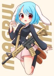  animal_ears assault_rifle black_socks blue_hair brown_footwear commentary_request extra_ears female floppy_ears full_body gun highres inon kneehighs long_sleeves looking_at_viewer m4_carbine magpul open_mouth pink_skirt pleated_skirt protected_link rabbit_ears red_eyes reisen_(touhou_bougetsushou) rifle shoes short_hair skirt socks solo strap touhou weapon 