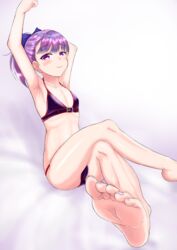  arm_behind_head barefoot bikini blush bow cameltoe fate/grand_order fate_(series) feet female hairbow helena_blavatsky_(fate/grand_order) highres legs_crossed long_hair looking_at_viewer ponytail pov pov_feet purple_eyes purple_hair smile soles swimsuit toes 