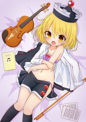  black_socks blonde_hair blush bow bra breasts buttons cleavage collared_shirt commentary_request crescent eighth_note female hair_between_eyes hat highres inon instrument kneehighs looking_at_viewer lunasa_prismriver lying musical_note navel on_back open_clothes open_mouth open_shirt open_skirt panties pleated_skirt protected_link purple_bra purple_panties red_bow shirt short_hair side-tie_panties skirt small_breasts socks solo touhou underwear untied_panties violin white_shirt yellow_eyes 