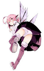  ahoge animal_ears ass bent_over bird_wings blush boots commentary_request female from_behind from_below full_body kuroneko_no_toorimichi long_sleeves looking_at_viewer looking_back mystia_lorelei panties pantyshot pink_eyes pink_hair polka_dot polka_dot_panties puffy_sleeves shirt shoe_soles short_hair simple_background skirt solo sweatdrop thigh_boots thighhighs touhou underwear upskirt white_background wide_sleeves wings 