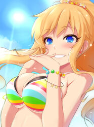  bare_shoulders bead_bracelet beads bikini bikini_top_only blonde_hair blue_eyes blush bracelet breasts cleavage commentary_request day earrings eyelashes female flower flower_earrings grin hair_flower hair_ornament highres idolmaster idolmaster_cinderella_girls interlocked_fingers jewelry kiyu_rei large_breasts lens_flare long_hair looking_at_viewer nail_polish o-ring ohtsuki_yui own_hands_clasped own_hands_together ponytail scrunchie sidelocks sky smile solo sparkle striped_bikini striped_clothes sun swimsuit teeth wavy_hair 