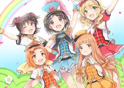  5girls akagi_miria beamed_sixteenth_notes black_hair blonde_hair blush bow brown_eyes brown_hair commentary_request dress eighth_note epaulettes gloves green_eyes gum_(vivid_garden) hair_ornament hair_ribbon hairband hairbow hairclip hat hi-fi_days_(idolmaster) ichihara_nina idolmaster idolmaster_cinderella_girls idolmaster_cinderella_girls_starlight_stage l.m.b.g_(idolmaster) long_hair marching_melodies_(idolmaster) multiple_girls musical_note musical_note_hair_ornament navel one_eye_closed open_mouth rabbit_hair_ornament rainbow ribbon ryuzaki_kaoru sakurai_momoka sasaki_chie shako_cap short_hair smile tress_ribbon two_side_up 