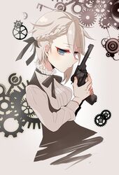  ange_(princess_principal) bad_id bad_twitter_id blue_eyes bow bowtie braid female grey_eyes gun hair_ribbon handgun holding holding_gun holding_weapon kumasawa_(dkdkr) long_sleeves looking_at_viewer princess_principal revolver ribbon school_uniform short_hair solo underbust upper_body weapon webley-fosbery_automatic_revolver 