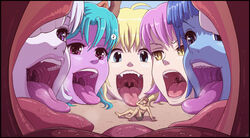  1boy 6+girls anko_(karbo) anna_(karbo) aqua_hair blonde_hair blue_eyes blue_hair blue_skin colored_skin commentary crisis eighth_note english_commentary fangs felarya giant giantess highres horns karbo md5_mismatch melany_(karbo) multiple_girls musical_note open_mouth photoshop_(medium) pink_eyes pink_hair pov_inside_mouth purple_eyes purple_skin resolution_mismatch slit_pupils source_larger spoken_musical_note take_your_pick teeth tongue tongue_out uvula vivian_(karbo) vore white_hair white_skin yellow_eyes 