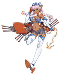  12cat absurdres ahoge anchor bare_shoulders braid breasts brooklyn_(warship_girls_r) cannon chains choker commentary_request dark-skinned_female dark_skin detached_sleeves earrings female full_body hat headgear highleg highleg_panties highres jewelry light_purple_hair long_hair looking_at_viewer machinery mecha_musume medium_breasts navel o&#039;higgins_(warship_girls_r) oerba_yun_fang official_art panties purple_eyes rigging see-through shorts smile solo star_(symbol) star_print tattoo thighhighs twin_braids underboob underwear warship_girls_r white_background white_thighhighs 