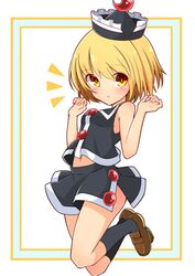  adapted_costume bare_arms black_socks blonde_hair blush brown_footwear commentary_request female full_body hat highres inon kneehighs loafers looking_at_viewer lunasa_prismriver navel notice_lines parted_lips protected_link shoes short_hair side_slit skirt skirt_set sleeveless socks solo touhou yellow_eyes 