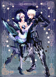  1boy arm_warmers armor armored_dress bare_shoulders bishounen black_armor blue_eyes choker commentary_request copyright_name couple crown eye_contact female full_armor full_body gloves greaves gwendolyn_(odin_sphere) holding_hands leg_wings looking_at_another low_wings multiple_wings odin_sphere oswald_(odin_sphere) photoshop_(medium) short_hair shutsuri skirt smile standing straight white_hair wings 