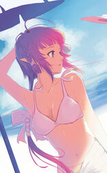  ahoge arm_up beach beach_umbrella bikini braid bzerox collarbone commentary_request day dutch_angle female hat highres long_hair navel original parted_lips pointy_ears purple_eyes purple_hair sarong shade side_braid solo swimsuit umbrella very_long_hair white_bikini 