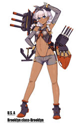  12cat anchor braid brooklyn_(warship_girls_r) cannon character_name commentary_request dark-skinned_female dark_skin elbow_gloves female full_body gloves hair_ornament hairband hand_on_own_head hand_on_own_hip headgear highleg highleg_panties highres light_purple_hair long_hair looking_at_viewer machinery mecha_musume official_art panties photoshop_(medium) purple_eyes rigging sailor_collar solo twin_braids underwear warship_girls_r 