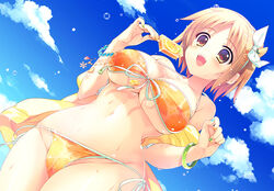  bikini bracelet brown_eyes brown_hair bubble cloud commentary_request day dutch_angle female food front-tie_bikini_top front-tie_top hairband holding idolmaster idolmaster_cinderella_girls jacket jewelry mimura_kanako mizuno_sao multicolored_nails nail_polish off_shoulder open_mouth popsicle short_hair side-tie_bikini_bottom sky solo sweat swimsuit 