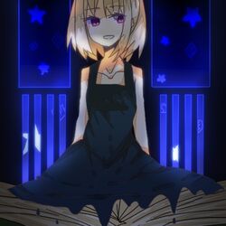  bad_id bad_pixiv_id blonde_hair book collarbone dress female kawasu_lzh looking_away lowres purple_eyes short_hair smile solo star_(symbol) usotsuki yume_nisshi 