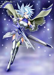  blue_eyes blue_hair blush boots breasts commentary_request duel_monster elf female gloves highres ice looking_at_viewer number_21_frozen_lady_justice pointy_ears solo sword thigh_boots thighhighs usoutsuki weapon yu-gi-oh! yu-gi-oh!_zexal zettai_ryouiki 