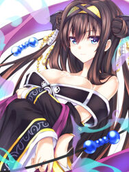  bare_shoulders beads blue_eyes breast_hold breasts brown_hair commentary double_bun female hair_beads hair_between_eyes hair_bun hair_ornament hairband highres kurokawa_(silve) large_breasts light_smile long_hair looking_at_viewer off_shoulder photoshop_(medium) rinne_(sennen_sensou_aigis) sennen_sensou_aigis solo two_side_up upper_body wide_sleeves 