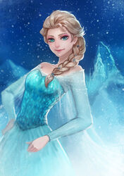  aqua_eyes bare_shoulders blonde_hair blue_dress braid bryanth commentary_request dress elsa_(frozen) female frozen_(disney) hair_over_shoulder highres long_hair looking_at_viewer photoshop_(medium) single_braid smile snow solo 