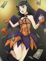  :d bare_legs bare_shoulders black_hair breasts choker cleavage demon_girl dress female female gloves grey_eyes horns kyoukai_no_rinne legs long_hair medium_breasts money neck open_mouth orange_dress orange_gloves orange_panties panties shima_renge shoes smile strapless strapless_dress 