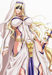  black_blindfold blindfold blonde_hair blush breasts commentary_request covered_eyes covered_nipples dress female goblin_slayer! habit highres hip_vent jewelry large_breasts long_hair looking_at_viewer necklace nolia parted_lips priestess shiny_skin sideless_outfit simple_background smile solo staff standing sword_maiden teeth very_long_hair white_background white_dress 