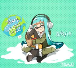  ._. alternate_costume aqua_hair artist_name bad_id bad_tumblr_id bird boots bow bowtie cheek-to-cheek closed_eyes commentary crossed_legs earmuffs female flag globe gloves heads_together hug indian_style inkling inkling_girl inkling_player_character long_hair penguin sami_briggs sitting smile snow splatoon_(series) splatoon_1 tentacle_hair thick_eyebrows 