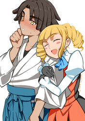  1boy :d ^_^ ama_mi arm_hug bad_id bad_pixiv_id black_hair blonde_hair blush blush_stickers bow closed_eyes commentary_request dark-skinned_male dark_skin dated dreadlocks dress drill_hair female gloves gundam gundam_build_fighters japanese_clothes juliet_sleeves long_sleeves nils_nielsen open_mouth puffy_sleeves short_hair signature smile sweatdrop twin_drills twintails yajima_caroline yellow_eyes 