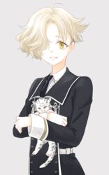  1boy commentary_request freckles gokotai gokotai&#039;s_tigers hair_over_one_eye male_focus necktie rainsp smile tiger tiger_cub touken_ranbu white_hair white_tiger yellow_eyes 