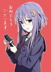  bad_id bad_twitter_id blush congratulations crescent crescent_hair_ornament female gift hair_between_eyes hair_ornament holding holding_gift kantai_collection kinosuke_(sositeimanoga) long_hair long_sleeves open_mouth outline pink_background purple_eyes purple_hair purple_ribbon ribbon school_uniform serafuku short_hair_with_long_locks sidelocks simple_background smile solo translated upper_body yayoi_(kancolle) 