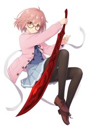  black_pantyhose black_ribbon blue_ribbon blue_skirt brown_eyes brown_footwear brown_hair cardigan commentary_request female full_body glasses holding holding_sword holding_weapon kuriyama_mirai kuro_(chrono) kyoukai_no_kanata long_sleeves looking_at_viewer miniskirt neck_ribbon open_cardigan open_clothes pantyhose pink_cardigan pleated_skirt red-framed_eyewear ribbon short_hair simple_background skirt solo sword weapon white_background 