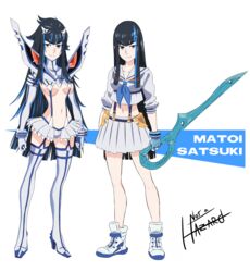  absurdres alternate_universe black_hair blue_eyes blue_hair boots breasts character_name commentary_request crop_top elbow_gloves female fingerless_gloves gloves hairpods highres junketsu kill_la_kill kiryuuin_satsuki long_hair medium_breasts messy_hair midriff multicolored_hair not_a_hazard pleated_skirt revealing_clothes reverse_grip role_reversal school_uniform scissor_blade_(kill_la_kill) serafuku shoes single_glove skirt smile sneakers solo streaked_hair suspenders thick_eyebrows thigh_boots thighhighs two-tone_hair underboob very_long_hair 