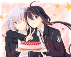  2boys ahoge black_hair cake commentary_request food fruit honebami_toushirou male_focus multiple_boys namazuo_toushirou one_eye_closed ponytail purple_eyes rainsp smile star_(symbol) strawberry touken_ranbu v white_hair 