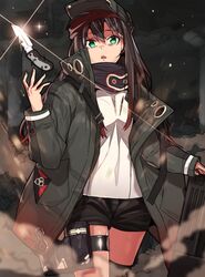  ammunition_pouch assault_rifle black_jacket black_shorts black_thighhighs breasts bullpup cloud cloudy_sky combat_knife commentary_request cosplay cowboy_shot erere female fingernails flat_cap fukuhara_ayaka g11_(girls&#039;_frontline) g11_(girls&#039;_frontline)_(cosplay) girls&#039;_frontline glint green_eyes green_hat green_jacket gun h&amp;k_g11 hair_between_eyes hat high_collar holster idolmaster idolmaster_cinderella_girls jacket knife long_fingernails long_hair long_sleeves looking_at_viewer medium_breasts nail_polish night open_clothes open_jacket open_mouth outdoors pink_nails pocket pouch rifle scarf shibuya_rin shirt short_shorts shorts single_thighhigh sky sleeves_past_wrists smoke standing thigh_holster thigh_strap thighhighs voice_actor_connection weapon white_shirt 