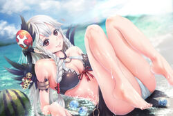  barefoot bikini braid breasts cleavage commentary_request dark_valkyrie_(p&amp;d) female food fruit grey_hair hair_ornament large_breasts long_hair lying nail_polish on_back outdoors panties partially_submerged photoshop_(medium) puzzle_&amp;_dragons red_eyes sarong shoichi_(ekakijin) swimsuit toenail_polish toenails twin_braids underwear valkyrie_(p&amp;d) water watermelon wings 