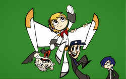  4_fingers :d :o aigis_(persona) akihiko_sanada atlus black_hair blonde_hair blue_hair brad_carbunkle clothed clothing crossover eyebrows facial_hair female fingers flying goatee green_background grey_hair group hair hair_over_eye happy hat headgear headwear human humanoid jenny_wakeman junpei_iori looking_up machine male mammal megami_tensei megami_tensei_persona minato_arisato my_life_as_a_teenage_robot nickelodeon not_furry one_eye_obstructed open_mouth persona_(series) persona_3 robot robot_humanoid school_uniform sega short_hair simple_background smile teeth tuck_carbunkle uniform unknown_artist 