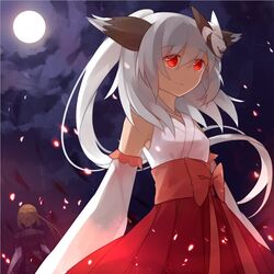  2girls animal_ears blonde_hair bow character_request commentary_request detached_sleeves full_moon hiragi_rin japanese_clothes long_hair mask miko moon multiple_girls night red_eyes solo_focus white_hair 