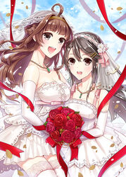  2girls ahoge bare_shoulders black_hair bouquet bridal_veil brown_hair commentary_request double_bun dress elbow_gloves flower gloves hair_bun hairband haruna_(kancolle) headgear kantai_collection kongou_(kancolle) long_hair multiple_girls open_mouth ouka_mai ribbon veil wedding_dress 