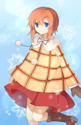  blue_eyes commentary_request female higurashi_no_naku_koro_ni hiragi_rin looking_at_viewer md5_mismatch orange_hair ryuuguu_rena short_hair skirt smile snowflakes solo 