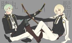  2boys black_gloves blonde_hair commentary_request gloves green_hair hair_over_one_eye higekiri_(touken_ranbu) hizamaru_(touken_ranbu) jacket jacket_on_shoulders katana male_focus multiple_boys orange_eyes rainsp scabbard sheath sheathed sitting smile sword tachi_(weapon) touken_ranbu translated weapon 