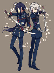  2boys ahoge armor black_hair commentary_request honebami_toushirou japanese_armor long_hair male_focus matsuki_(mikipingpong) military military_uniform multiple_boys namazuo_toushirou necktie petals ponytail purple_eyes sheath shoulder_armor smile sode sword touken_ranbu uniform very_long_hair wakizashi weapon white_hair 