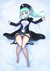  aqua_eyes aqua_hair barefoot belt black_dress breasts commentary_request demonbane dress elsa_(demonbane) extra_eyebrows female full_body headdress high_ponytail highres johan_(johan13) knees_together_feet_apart long_hair long_sleeves loose_belt lying on_back panties pantyshot petite pointy_ears sidelocks small_breasts solo symbol-shaped_pupils thick_eyebrows thigh_gap toes underwear wide_hips 