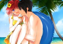  1boy ;d akatsuki_no_yona aki_nattsu beach black_eyes black_hair blue_sky carrying cloud collarbone commentary_request day dress eating female flower food hair_between_eyes hair_flower hair_ornament hak_(akatsuki_no_yona) holding holding_food ice_cream jewelry necklace ocean one_eye_closed open_mouth outdoors palm_tree princess_carry print_dress purple_eyes red_hair short_dress short_hair sky sleeveless sleeveless_dress smile sparkle sundress sunflower tree twitter_username yellow_dress yellow_flower yona_(akatsuki_no_yona) 