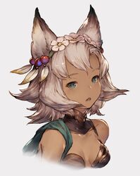  animal_ears aqua_eyes bare_shoulders breasts cat_ears cleavage collarbone commentary_request dark-skinned_female dark_skin duplicate erune feathers female flower granblue_fantasy grey_hair head_wreath junwool melleau oerba_yun_fang short_hair simple_background small_breasts solo upper_body 