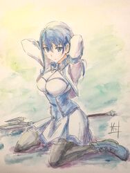  ankle_boots arms_behind_head bad_id bad_pixiv_id blue_eyes blue_hair boots breasts closed_mouth collar commentary_request corset cropped_jacket expressionless female hai_to_gensou_no_grimgar highres long_hair looking_at_viewer medium_breasts merry_(grimgar) nii_manabu pantyhose pleated_skirt signature skirt solo staff traditional_media watercolor_pencil_(medium) 