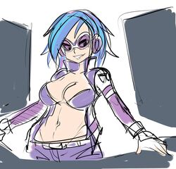  1girls belly belly_button belt big_breasts bikini_top blue_hair bra breasts dj dj_pon-3_(mlp) female female_only flat_belly glasses glasses_on_head goggles headphones human human_only humanoid jacket large_breasts navel open_jacket purple_bra purple_jacket purple_pants rough_sketch sketch smile smiling solo solo_female straight_hair vinyl_scratch vinyl_scratch_(mlp) 