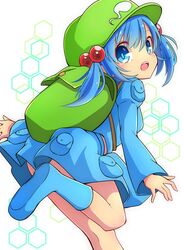  backpack bag blue_eyes blue_footwear blue_hair blue_skirt boots commentary_request female from_side green_hat hair_bobbles hair_ornament hat highres inon juliet_sleeves kawashiro_nitori long_sleeves looking_at_viewer open_mouth pouch protected_link puffy_sleeves rubber_boots shoe_soles skirt skirt_set solo touhou twintails 